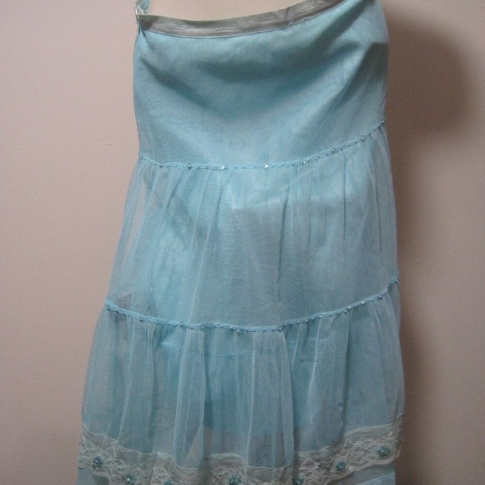 Women's Size Small Long Skirt Polyester Lace Light Blue & White Floral Fringe